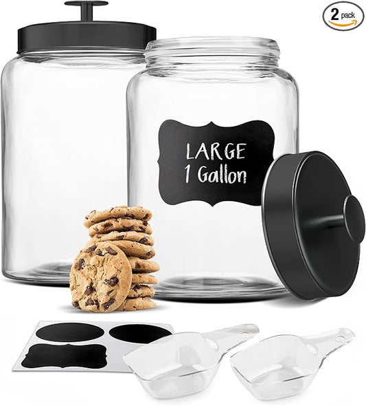 KooK Glass Storage Containers with Lids, Glass Jar with Lid, 1 Gallon, Set of 2, Glass Canister, Storage, Laundry, Kitchen Jar, (Circular, Black)