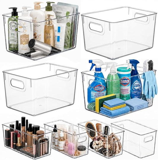 MOONEDGE 8 Pack Modular Clear Plastic Storage Organizer Bins – 4 Large & 4 Narrow, Nestable Space-Saving System for Pantry, Kitchen, Fridge, Bathroom & Cabinet Organization - Versatile & Easy to Use