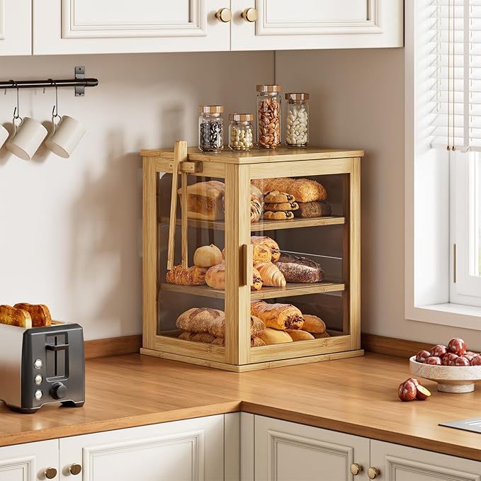 WOWLIVE Bamboo Bread Box for Kitchen Countertop, Large 3 Layers Bread Storage Container for Homemade Bread with Window, Farmhouse Breadbox Organizer for Kitchen, Cabinet, Pantry (Natural, Extra Large)