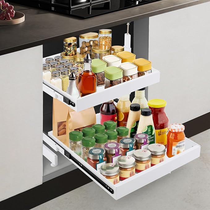 2-Tier Pull Out Cabinet Organizer, Slide Out Drawers with 2 Guide Rails, No Drill Pull Out Drawers Cabinets Shelves for Home Kitchen Pantry (White)