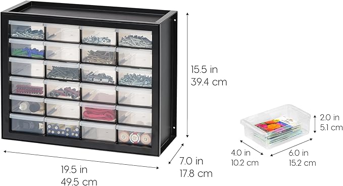 IRIS USA 24-Drawer Plastic Storage Organizer, Made in USA, Teacher Toolbox, Multi Drawer Cabinet For Garage Tools Beads Balloons Building Bricks Crafts Stickers Small Business Scrapbook Art, Black