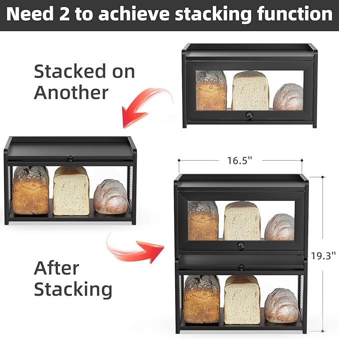 BAMBANG Bamboo Bread Box for Kitchen Countertop, Extra Large Farmhouse Bread Box with 4-Side Clear Panels, Wooden Bread Storage Container for Homemade Bread, Black
