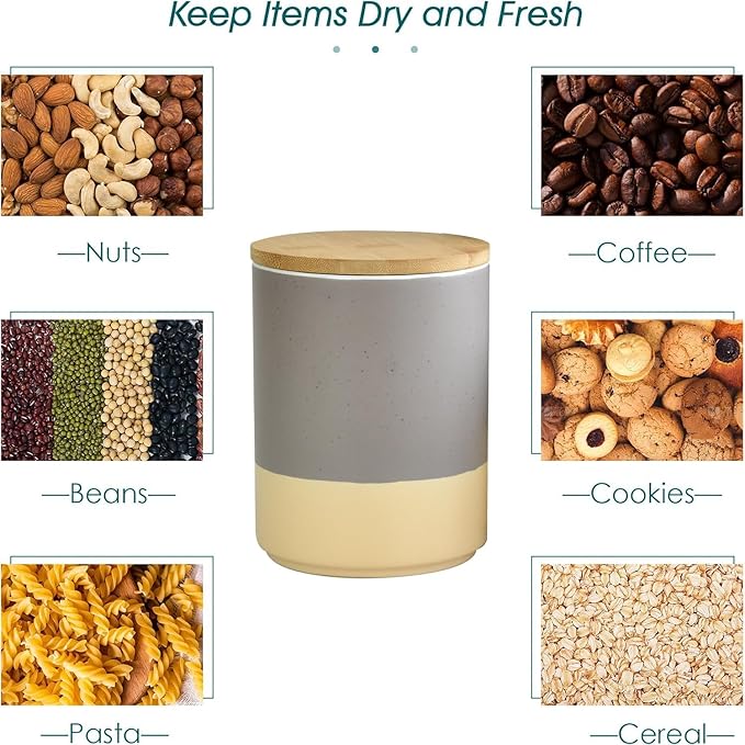 Canisters Sets for Kitchen,Set of 3 Ceramic Kitchen Canisters Food Storage Jar with Airtight Wood Lids,for Flour Cereal Sugar Tea Coffee Beans Snacks Containers(Gray)