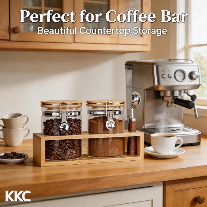 KKC Airtight Coffee Canister Set of 2 with Scoops & Bamboo Lids | 27oz Glass Coffee Jar for Ground Coffee & Beans | Clear Storage Container for Kitchen & Coffee Bar Accessories, Keeps Coffee Fresh