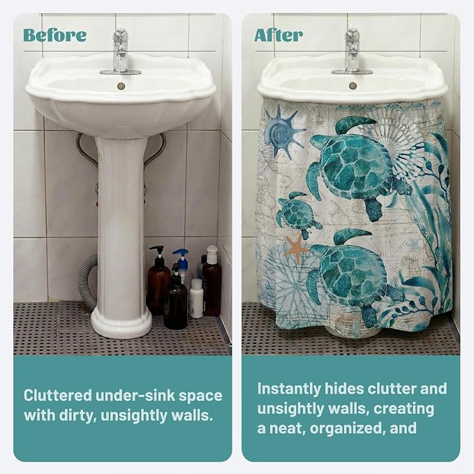 Nautical Green Sea Turtles Beach Theme Sink Skirt for Bathroom, Self Stick Adhesive Waterproof Fabric, Blue Ocean Under Sink Curtain Skirt, Pedestal Sink Accessories Decor