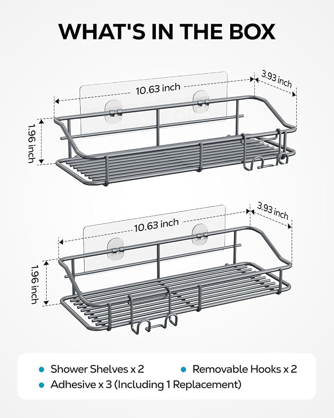 Nieifi Shower Caddy Shelf with Hooks Storage Rack Organizer Adhesive Stainless Steel Without Drilling for Bathroom, Lavatory, Washroom, Restroom, Shower, Toilet, Kitchen - 2 Pack (Gray)