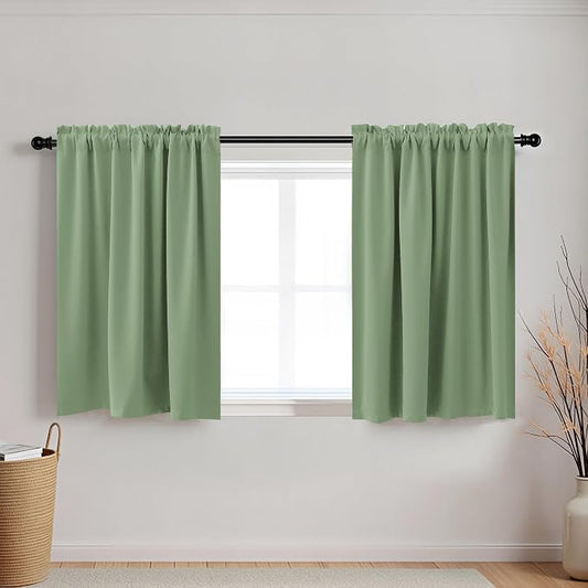 KOUFALL Bathroom Curtains Window,Short Blackout Boho Sage Green Decorative Privacy Curtain 18 x 24 Inch Length