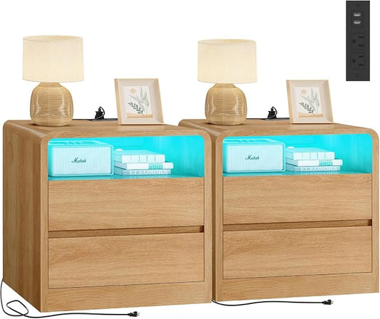TEENFON Nightstands Set of 2 with Charging Station & LED Lights, Curved Corner Bedside Table 21.7" W, 2 Drawers & Open Shelf, USB-C & USB Ports, Natural, Storage End Table for Bedroom/Living Room