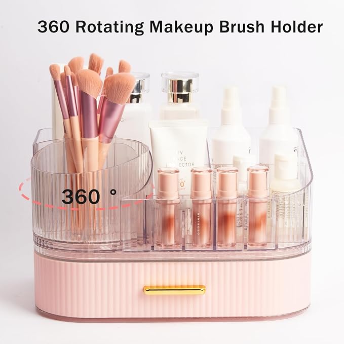 Makeup Organizer with Stackable Drawer and 360 Rotating Brush Holder, Cosmetic Storage Display, 11-inch Wide Beauty Counter, Pink, Large (Tray + 1 Drawer)