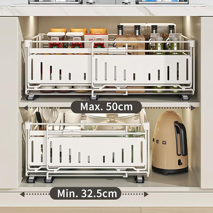 Expandable Pull Out Cabinet Organiser, No Drill Adhesive Slide Out Kitchen Drawer Shelf Durable Metal for Under Sink, Cupboard, Pantry, Adjustable Width (12.8"-19.7") (Style A Black, 1 Pack)