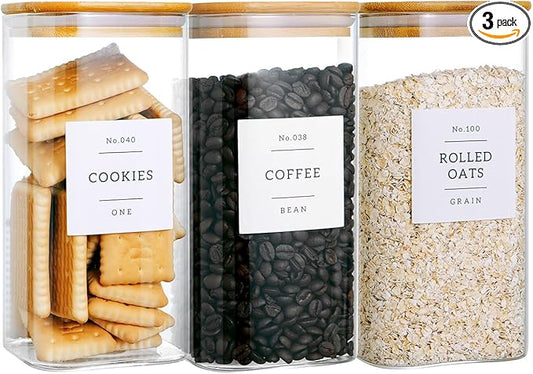 CZZGSM 3 Pack Square Glass Kitchen Storage Jars with Airtight Bamboo Lids and 132 Pantry Labels - 54oz Glass Canisters with Wood Lids - Food Storage for Sugar, Rice, Pasta, Cereal