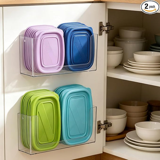 Rainmae 2 Pack Cabinet Door Organizer, Lid Organizer Inside Cabinet Wall Mounted Plastic Storage Box Stackable Under Sink Lunchbox Lid Container for Kitchen Bathroom Office Organization