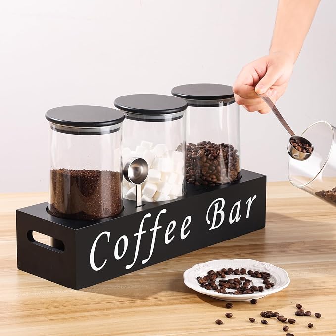 ZOMUIA Glass Coffee Containers Airtight Coffee Bean Storage Jars with Shelf, 3Pcs 44oz Coffee Station Organizer Coffee Canisters, Kitchen Food Storage Jars for Sugar, Candy, Oats, Nuts (BLACK)