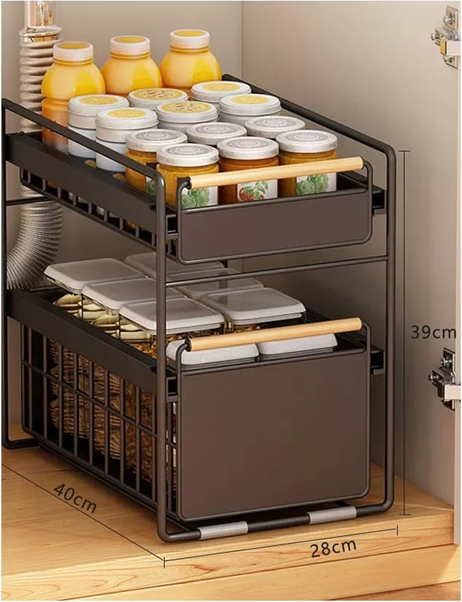 Pull Out Shelf Kitchen Storage Drawer- Slide Out Drawers for Kitchen Cabinets No Drill Shelves(Black,40x28x39 cm)
