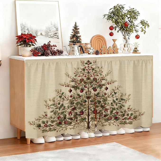 Self Adhesive Vintage Evergreen Tree Cabinet Curtain for Mother's Day, 39x28 Inch Rustic Pine Under Sink Skirt No Drill, Spring Cleaning Kitchen Decor, Hook and Loop Laundry Valance