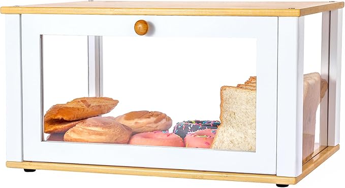 ETMI Glass Bread Box for Kitchen Countertop - Clear White Bread Box Pastry Display case Classic style