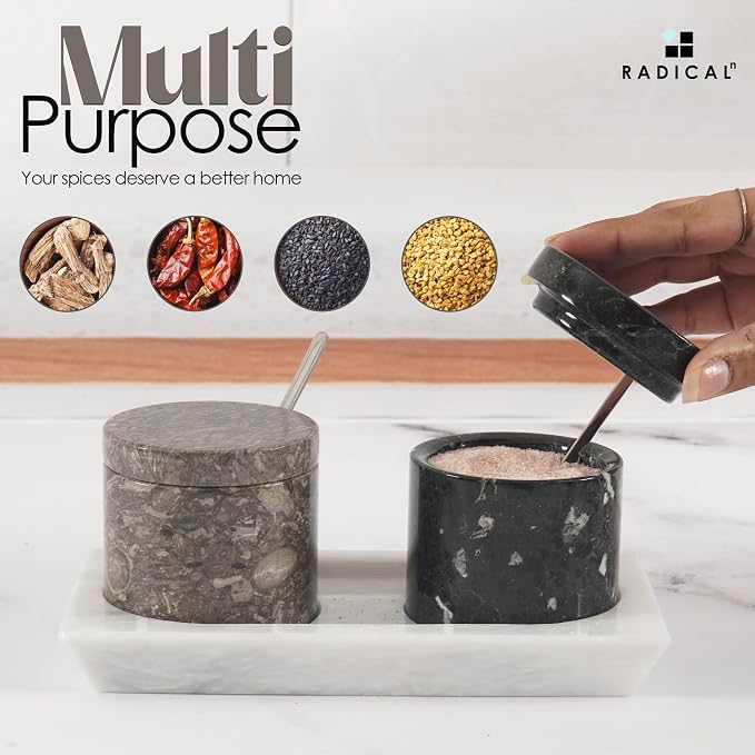 Radicaln Marble Salt Cellar with Lid and Tray 3" Inch Oceanic & Black Handmade Set of 2 Seasoning Jars, Ideal Table Salt Container & Sugar Bowl For Kitchen Countertop