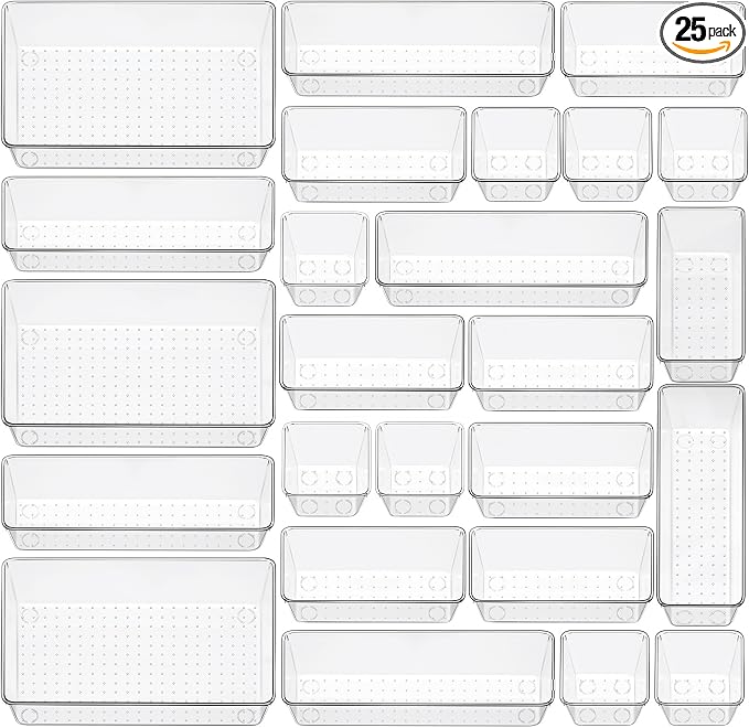 25 Piece Clear Drawer Organizer Set, 4 Sizes Bathroom Vanity Organizer Trays and Storage Bins for Makeup, Cosmetics, Jewelry, and Gadgets. Perfect for Office, Kitchen, Bedroom, Bathroom Use.