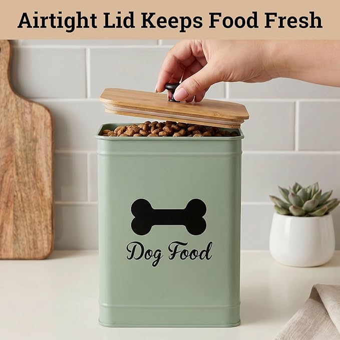 Dog Food Container Airtight 5-7 lb (25 Cup) Capacity - Cute Airtight Dog Food Storage Container with Bamboo Lid & Sturdy Metal Handle - Green Metal Kibble Storage Bin for Dogs up to 50 lbs - Pet Jar