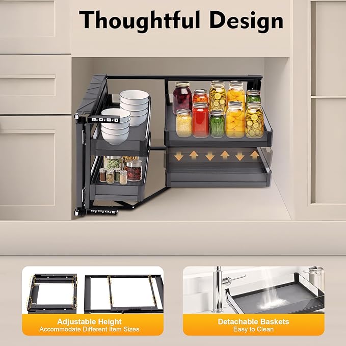 2-Tier Stainless Steel Pull out Organizer, Ideal Slide out Spice Rack for Cabinet, Blind Corner Cabinet with 4 Baskets (Pull-Out)