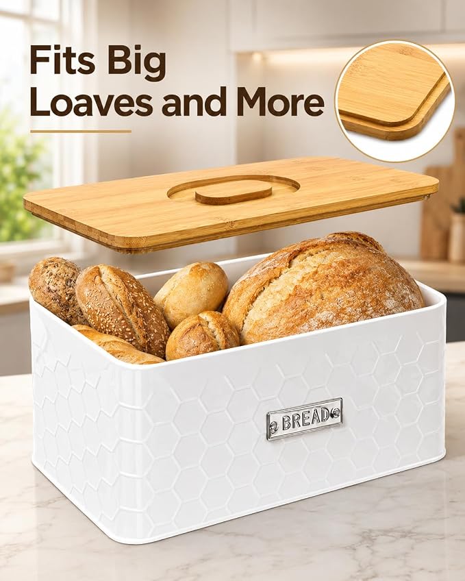 vensovo Bread Box for Countertop – Large White Metal Bread Bin with Bamboo Cutting Board Lid, Farmhouse Bread Storage Container for Homemade Bread, Baked Goods & Kitchen Counter Organization
