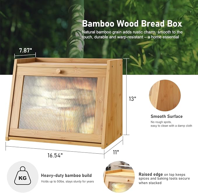 kiplant Large Bread Box for Kitchen Counter, Bamboo Bread Storage Container with Wavy Arcylic Transparent Door, Bamboo Wooden Farmhouse Bread Box for Your House
