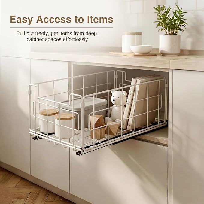 Pull Out Cabinet Sliding Basket Organizer, Heavy Duty Slide Out Drawer for Kitchen Cabinet, No Drill Adhesive Sliding Shelves for Kitchen Bathroom Home, 13.8" D x 8.5" W x 6.3" H, White