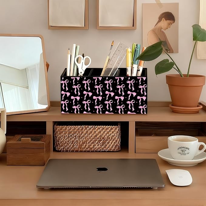 Pink and Black Bow Pen Pencil Holder for Desk,Pink and Black Room Decor, Preppy Purple Bow Aesthetic Wooden Box Sign Decorations for Girly Room Bedroom Dorm Office Desk Tabletop