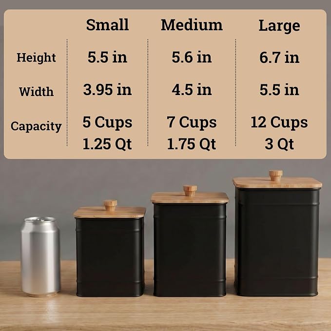 Kitchen Canisters for Countertop Set of 3 with Customizable Chalkboard Labels & Marker Pen - Big Iron Kitchen Canisters with Airtight Lids - Black Canister Set - Flour and Sugar Containers Farmhouse