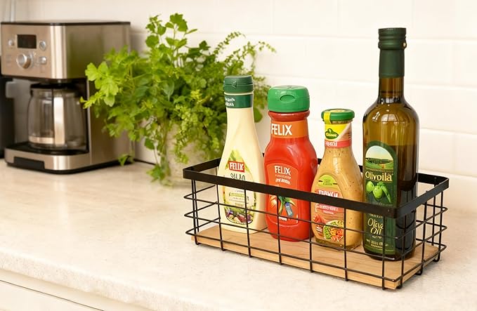 ShabbyDecor Metal Wire Basket Detachable Wood Base Storage Organizer Farmhouse Hanging Basket for Kitchen Cabinets, Bathroom, Pantry, Laundry Room,1 Pack in Black Color,Medium Size