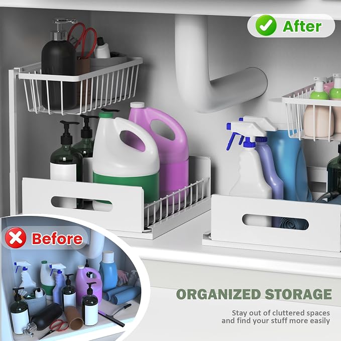 AORESAC Under Sink Organizer, Metal Pull Out Cabinet Organizer 2-tier, Under Sink Slide Out Storage Shelf for Kitchen Bathroom Organizers and Storage, 10.5W x 13D x 11H Inches