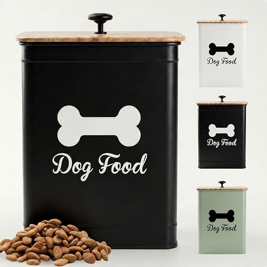 Dog Food Container Airtight 5-7 lb (25 Cup) Capacity - Cute Airtight Dog Food Storage Container with Bamboo Lid & Sturdy Metal Handle - Black Metal Kibble Storage Bin for Dogs up to 50 lbs - Pet Jar