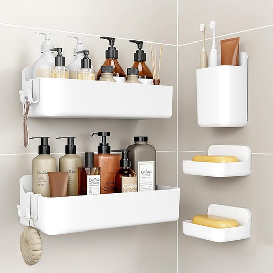 Orimade Shower Caddy 5-Pack, No-Drill Adhesive Shelves for Bathroom, Rustproof ABS Storage Organizer Set, White