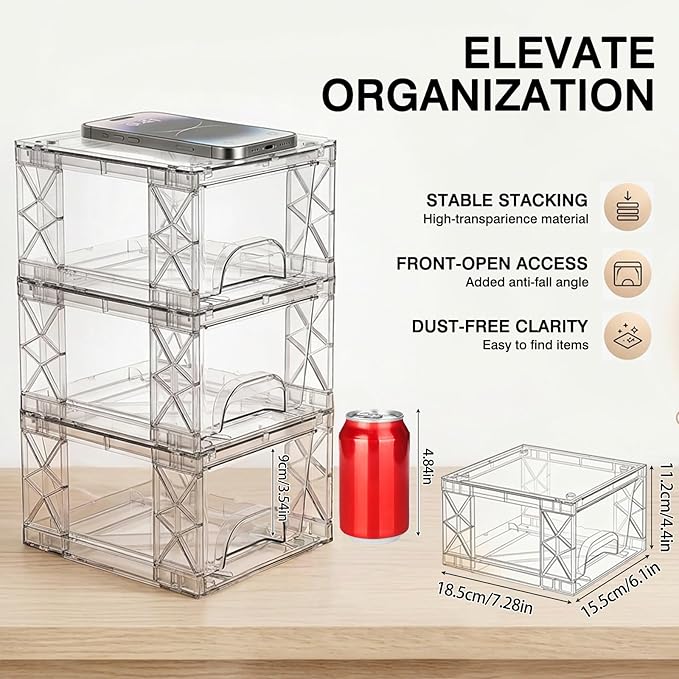 Under Bathroom Sink Organizer Stackable Storage Drawers 4.4in Small Acrylic Medicine Cabinet Bins, Simply Assembled Box Containers for Cosmetics, Bathroom, Kitchen, Snack(4 Pack)