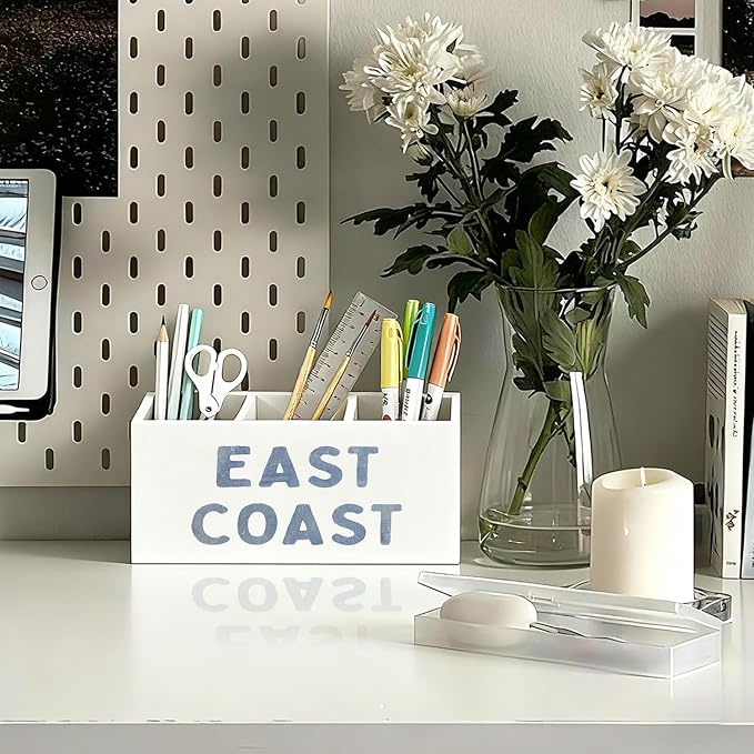 Blue Coastal Beach Pen Pencil Holder for Desk, Beach Office Decor, East Coast Coastal Cowgirl Beachy Wooden Box Sign Decorations for Girly Room Bedroom Dorm Office Desk Tabletop