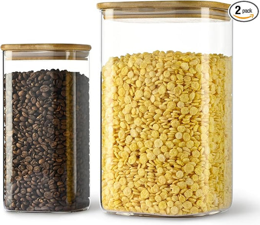 D2scrma 149oz 50oz Airtight Glass Square Storage Canister with Bamboo Lid Set of 2(4400ml*1 1500ml*1) Large Gallon Glass Jars for Sugar, Flour, Cookies and Coffee beans (‎with Black Lable)