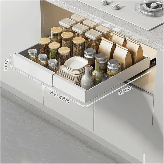 Expandable Drawer Orga PullOut Kitchen Storage Solution Adjustable No Drill Design for Cabinets ng Drawer System，32-48cm X 42cm X 7cm-1PCS，32-48cm X 42cm X 7cm-1PCS