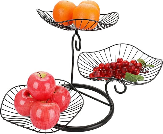 OwnMy 3-Tier Fruit Basket Stand Decorative Iron Fruit Bowl, Black Metal Wire Fruit Holder Trays for for Vegetables Bread Snack, Modern Lotus Fruit Bowls for Kitchen Counter Dining Table