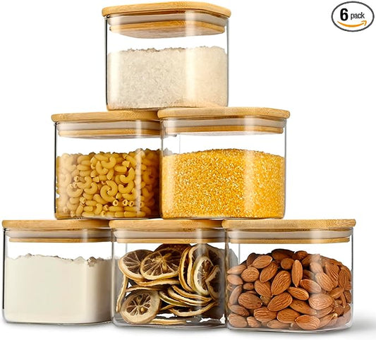 D2scrma 22oz Airtight Square Spice Containers with Bamboo Lid Set of 6 (650ml) Kitchen Pantry Organization Jar Stackable Spice Jar, for Sugar, Tea, Cookies and Coffee beans (‎with Black Lable)