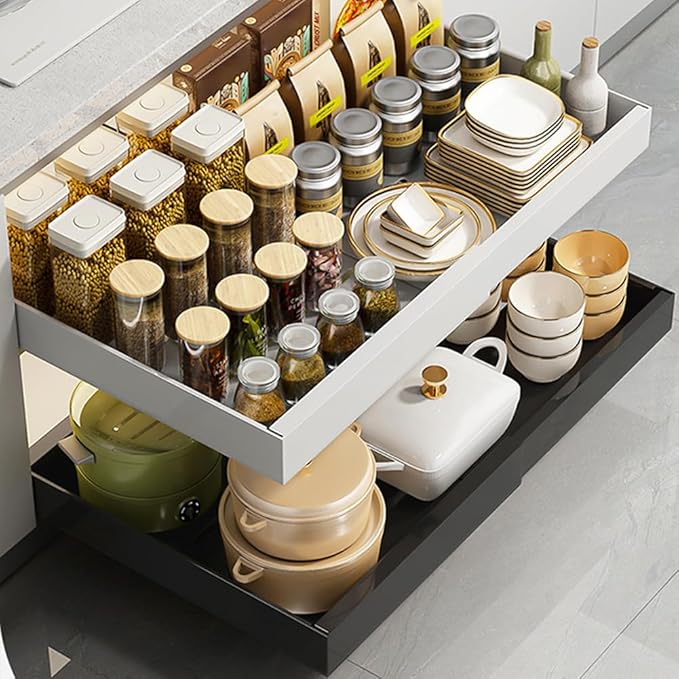Gigicloud Pull Out Cabinet Organizer Expandable, Heavy Duty Slide Out Drawers for Kitchen Cabinets - Adhesive No Drill Roll Out Shelves Adjustable Width Roll Out Shelf - Fits 12.6"-26.7" Widths
