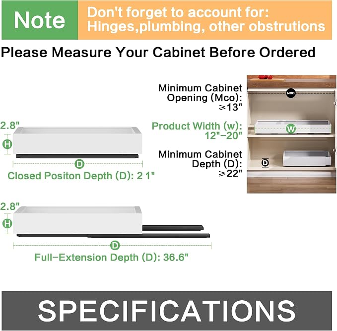 Pull out Cabinet Organizer,Extendable (12"-20") Heavy-Duty Pull-Out Drawers – Secured with Nano Adhesive Tape, Ideal for Cookware Storage, for Kitchen Base Cabinets (21" Dx12-20" W(1 Pack))