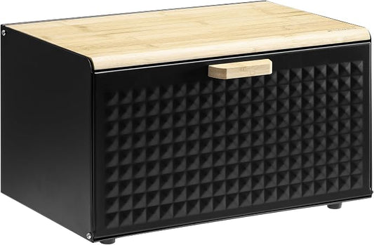 Navaris Metal Bread Bin Container with Bamboo Lid - Large Aesthetic Black Bread Bins for the Kitchen - Bread Box Containers for Small Items Storage - Bread Storing Bin Set