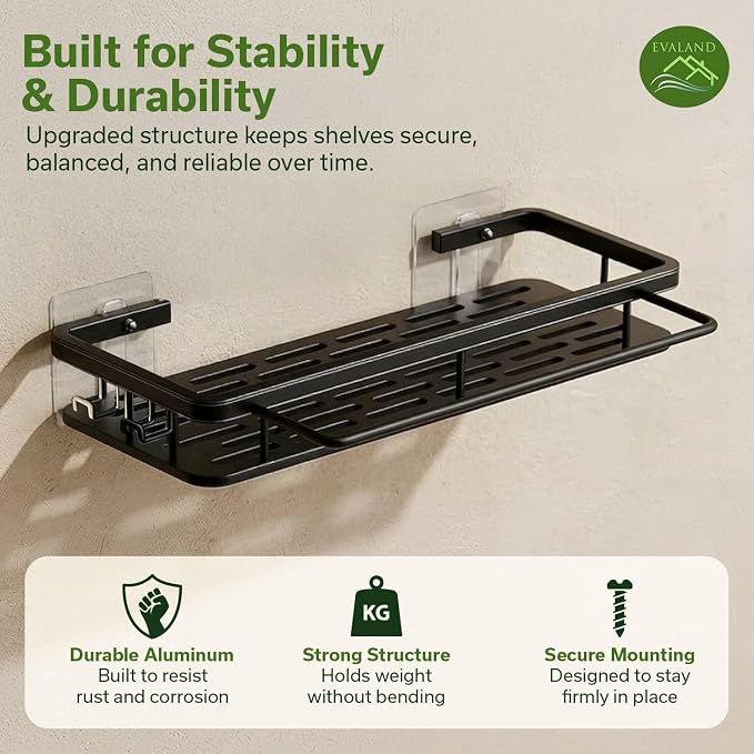 EVALAND Shower Caddy Adhesive 2-Pack with Hooks and Rod for Towels, Black – Premium Bathroom Shower Shelves, Shampoo Organizer, Bathtub Shelf, Rustproof, Easy Installation, Sturdy Modern Look