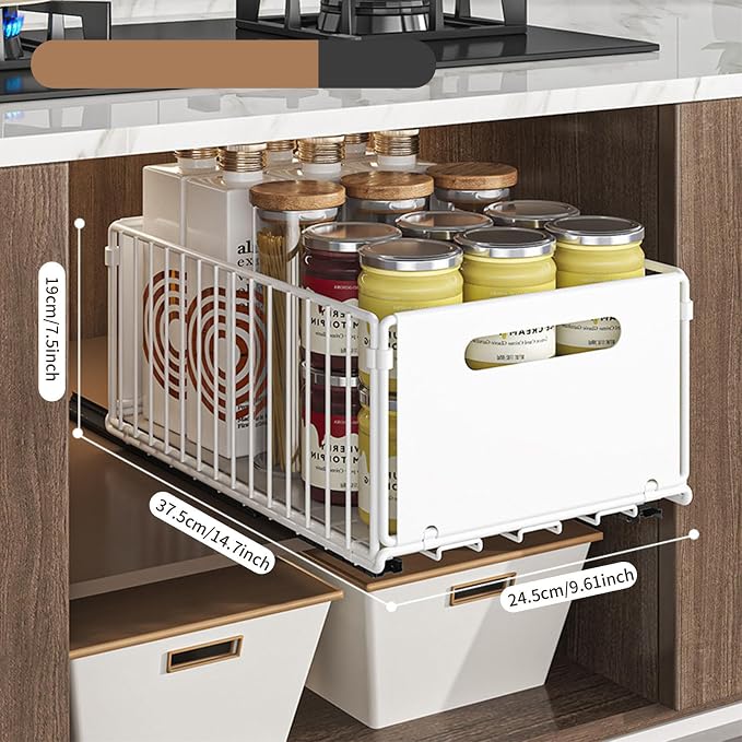 Pull Out Cabinet Organizers Large Capacity with Nano Adhesive Tallened Guardrail Anti Fall Design for Bathroom & Kitchen Cabinets Pantries (White, L-1Pcs)