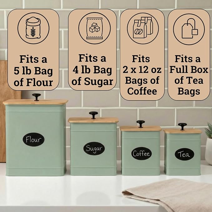 Kitchen Canisters for Countertop Set of 4 with Customizable Chalkboard Labels & Marker Pen - Big Iron Kitchen Canisters with Airtight Lids - Sage Green Canister Set - Flour and Sugar Containers