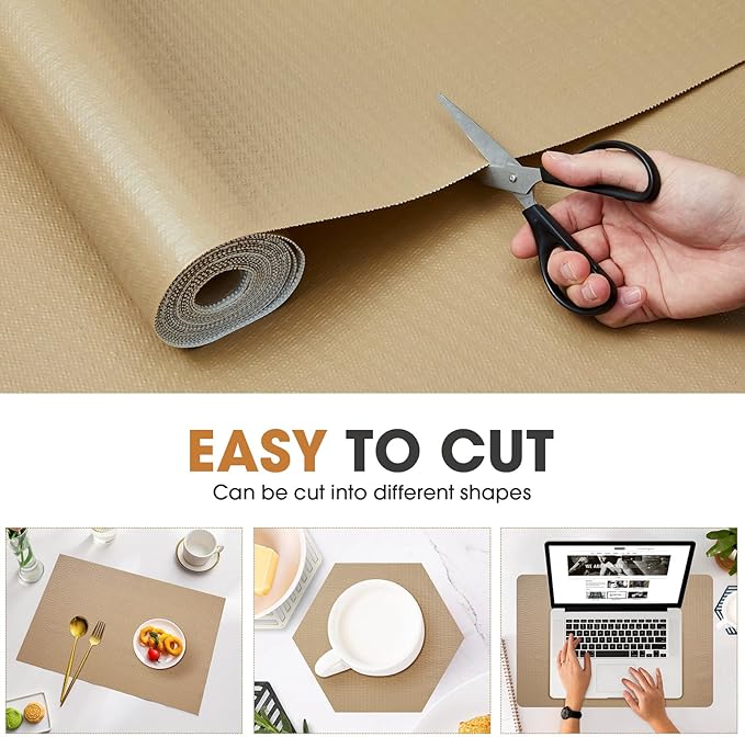 Drawer and Shelf Liner, Non-Slip Kitchen Cabinet Liners Non-Adhesive Thick Strong Grip Waterproof Washable Mats Protect Dresser Shelves Cupboard Bathroom Cabinets, Beige, 12 in X 10 FT