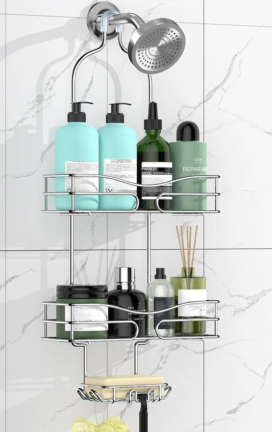 DAOYA Shower Caddy - Organizer with 6 Hooks, Soap Basket & Self-Adhesive Pad, Silver