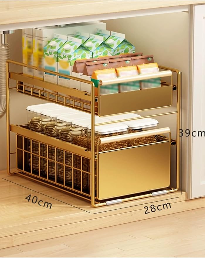 Pull Out Shelf Kitchen Storage Drawer- Slide Out Drawers for Kitchen Cabinets No Drill Shelves(Gold,40x28x39 cm)