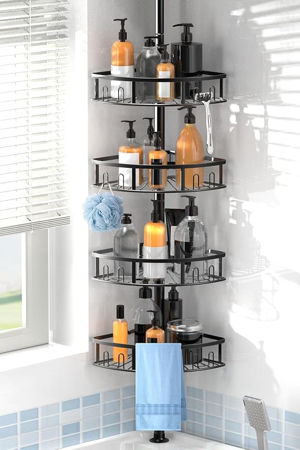 4-Tier Rustproof Corner Shower Caddy with Tension Pole, 42-115 Inch Adjustable Height Shower Organizer, Shower Shelves with Hooks, Freestanding Bathroom Organizer - Black