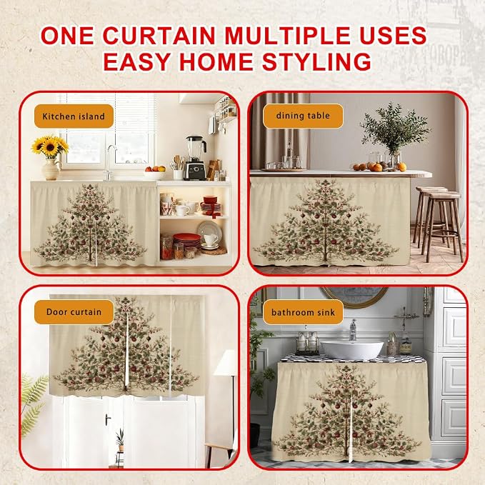 Self Adhesive Vintage Evergreen Tree Cabinet Curtain for Mother's Day, 39x28 Inch Rustic Pine Under Sink Skirt No Drill, Spring Cleaning Kitchen Decor, Hook and Loop Laundry Valance
